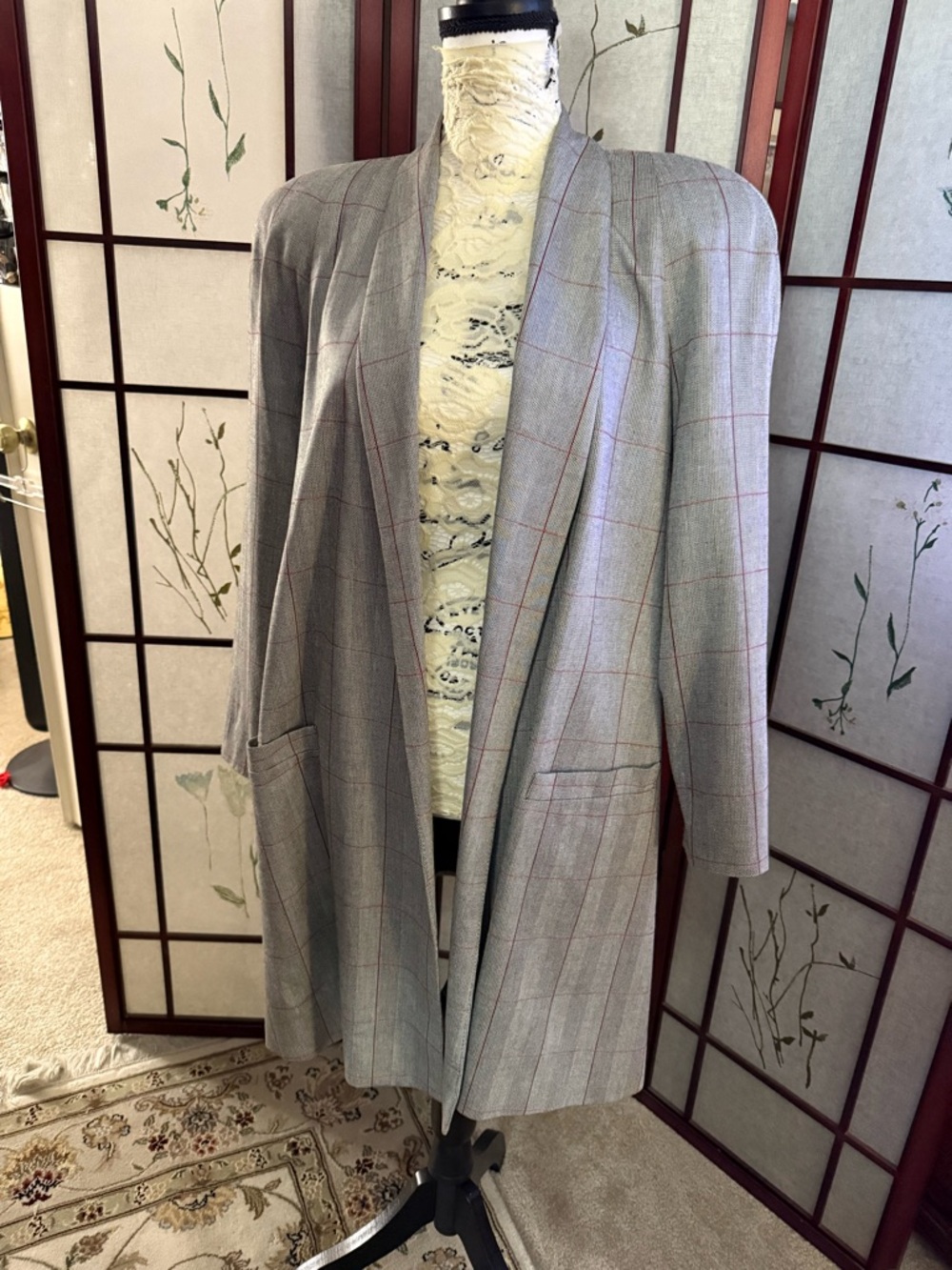 Paul Stanley Light Gray Plaid Open-Front Longline Blazer